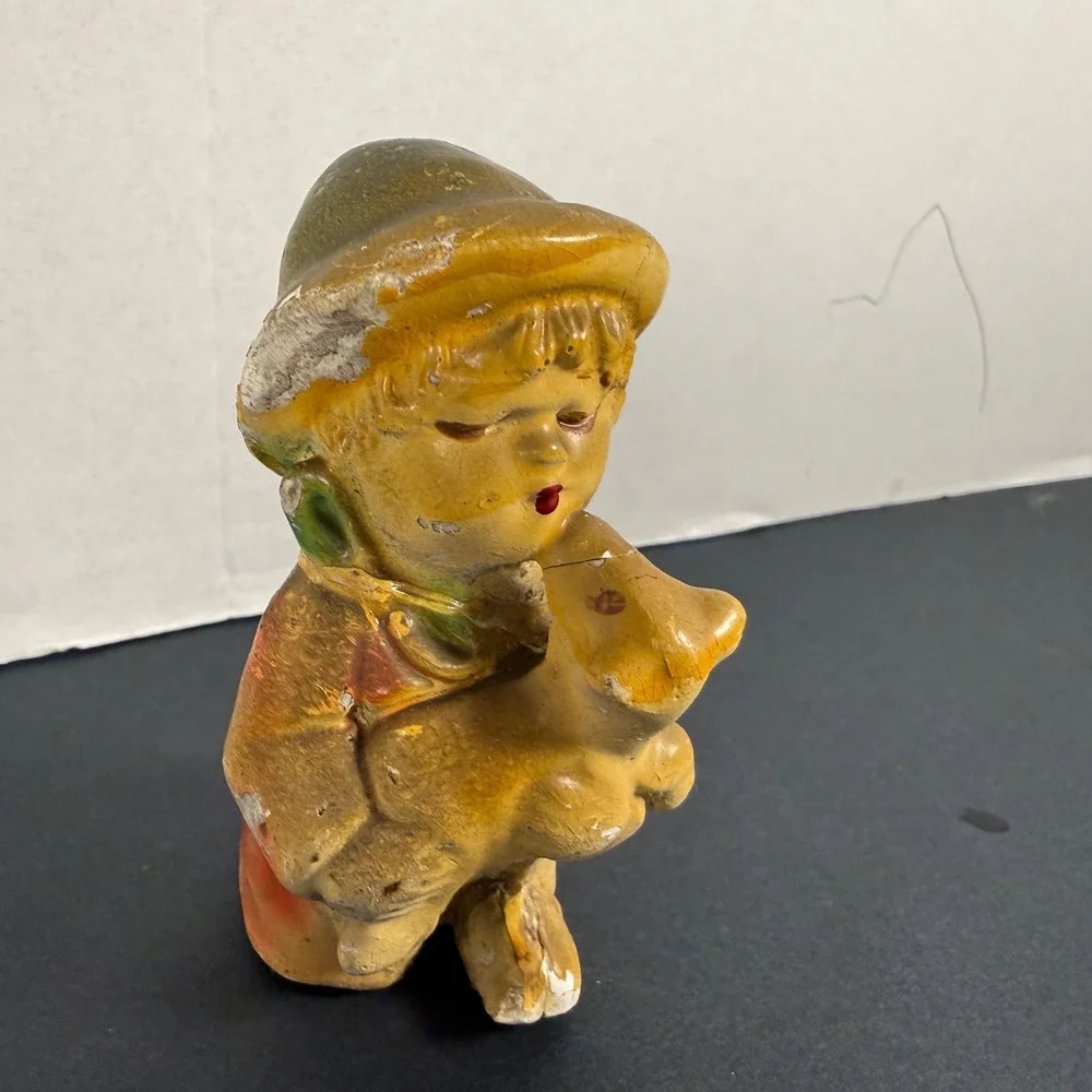 Vintage Chalkware Boy Figurine Holding Animal Mid-Century Carnival Prize‎ 3.75